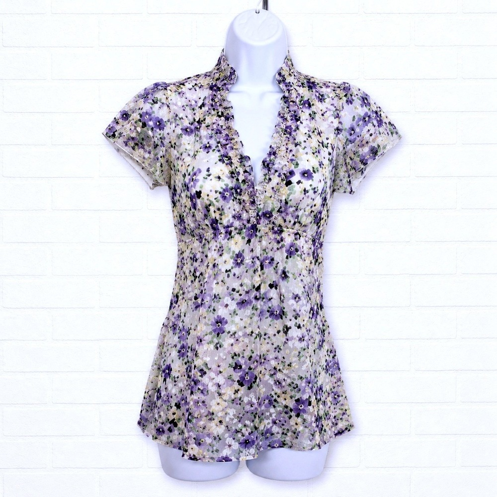 BCX Y2K Mesh Lace Ruffle Babydoll Top Small Floral Coquette Fairy Romantic Girly